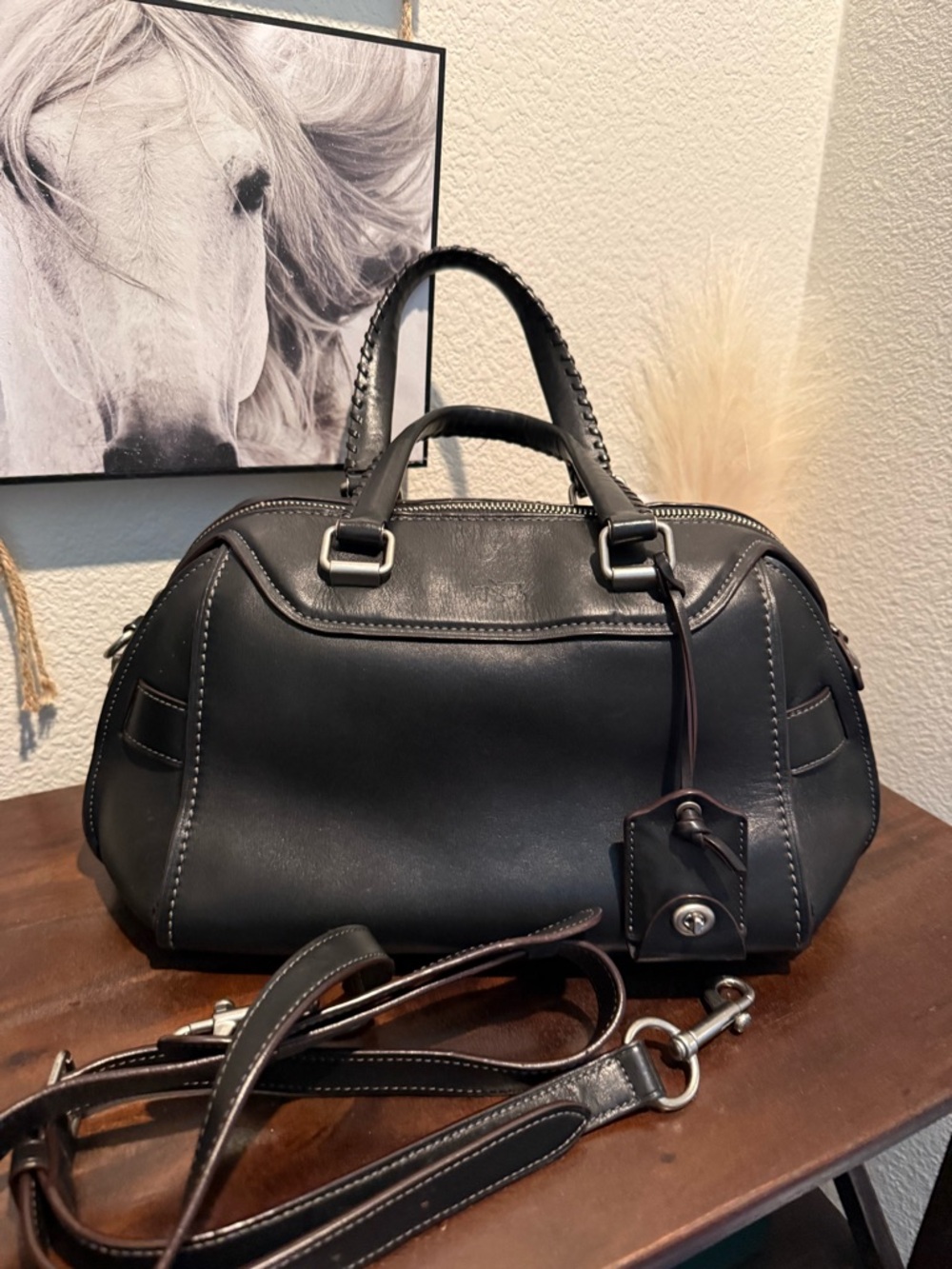 Black Leather Ace Satchel Handbag with Removable Strap